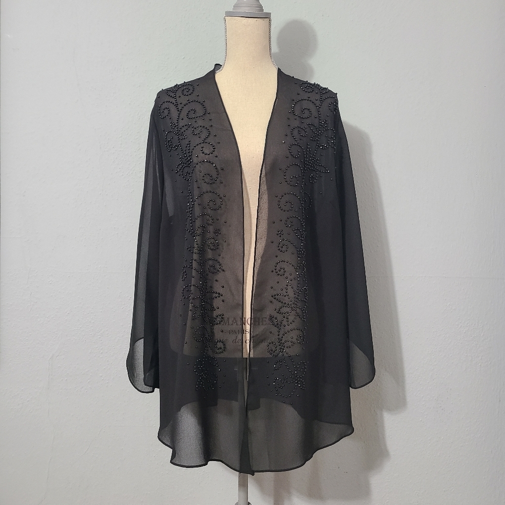 Catherinesโ Black Sheer Masquerade Embellished Kimono Cardigan Topper Plus 22W